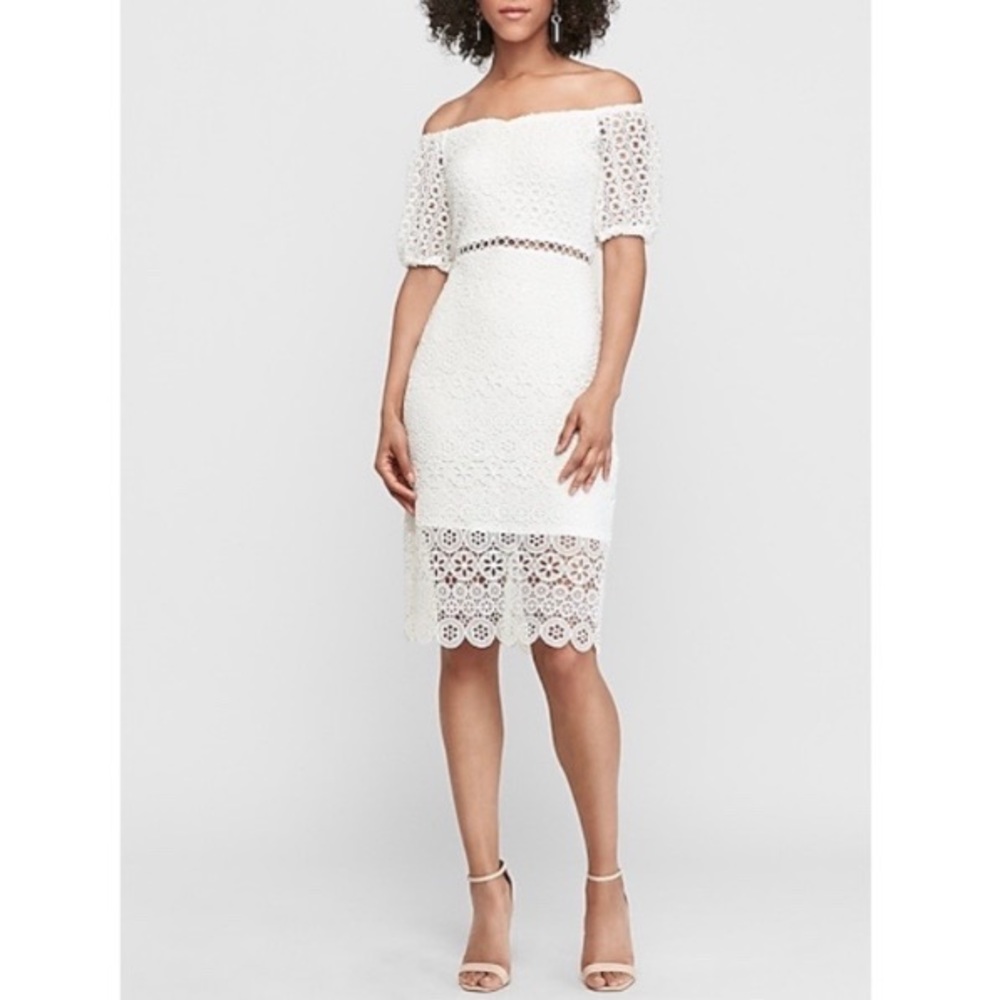 White lace off shoulder informal wedding dress